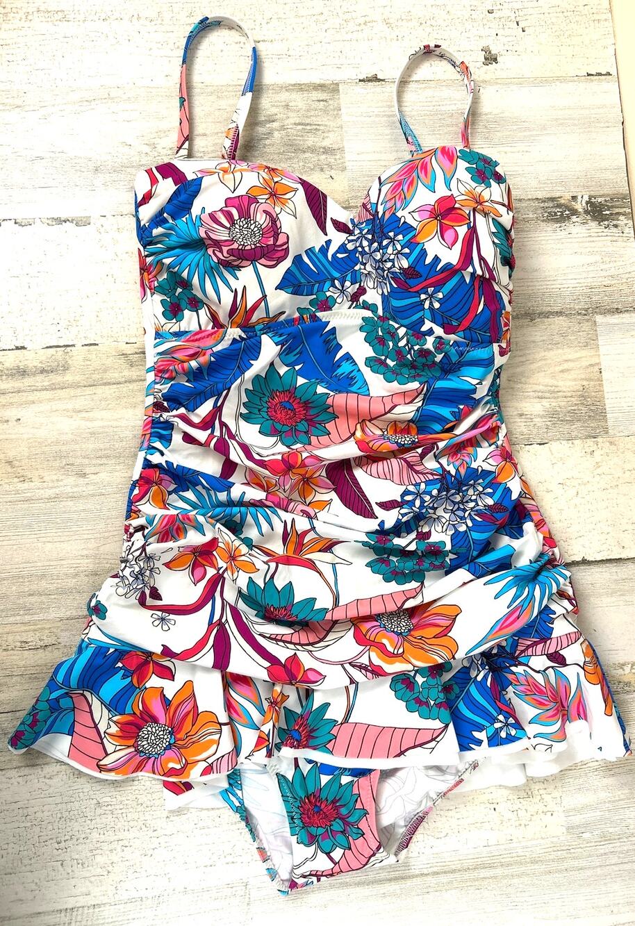 Profile by Gottex Womens 10 White Multi Floral One Piece Swimsuit Ruffle NEW